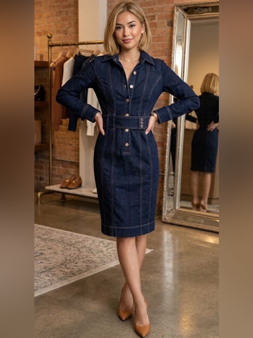 New White House Black Market Dark Indigo Denim Shirt Dress with Tie Belt size 0